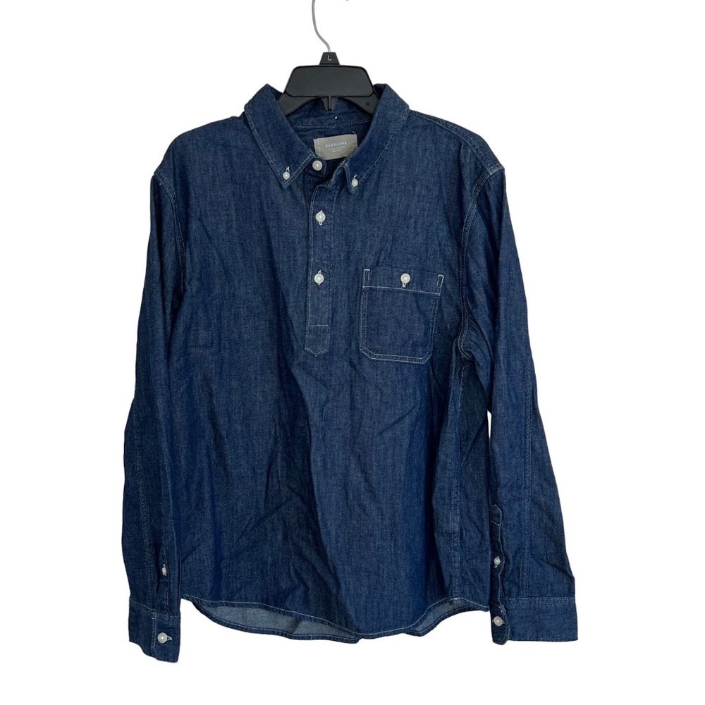 Everlane Large Organic Cotton Denim Popover 2 Button Roll Tab Sleeve Top Blue Co